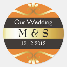 結婚のMonogram Stickers – オレンジ&金ゴールド ラウンドシール