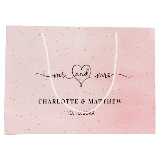 結婚のmr mrsハートスクリプト赤面ピンク金ゴールド ラージペーパーバッグ (裏面)