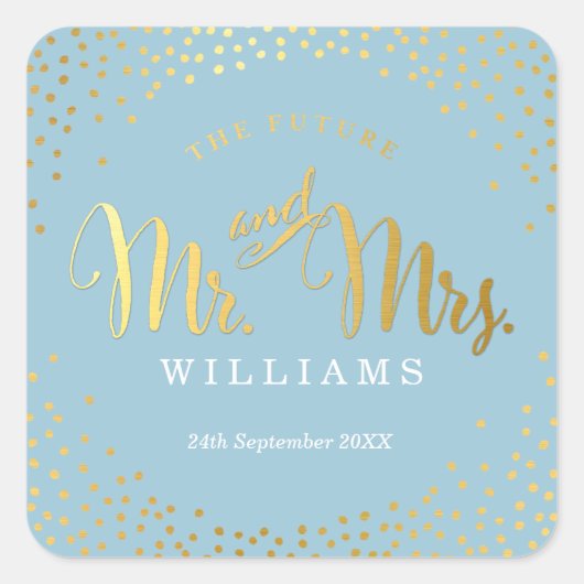 結婚のSEALスタイリッシュミニ金ゴールド紙吹雪青 スクエアシール (正面)