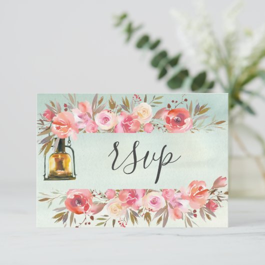 結婚のWebサイトの返信コーラルフローラ水色 出欠カード (スタンド正面)