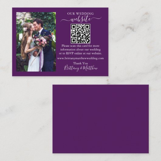 結婚のWebサイトミニマルQRフォトパープル エンクロージャーカード (正面/裏面)