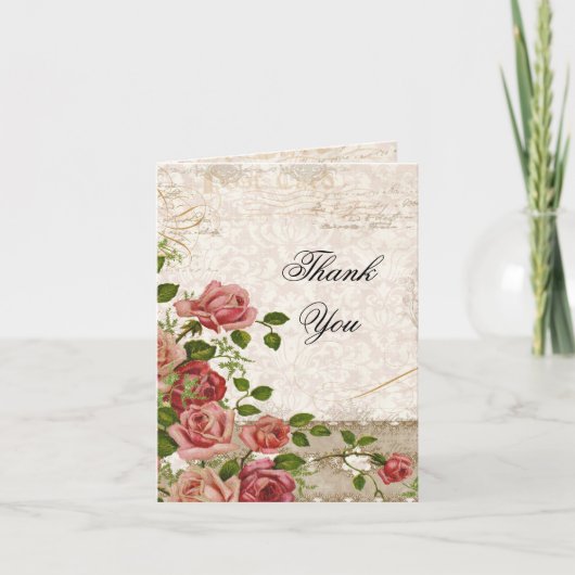 結婚はメッセージカード-茶バラのVintagのレース感謝していしています サンキューカード (正面)