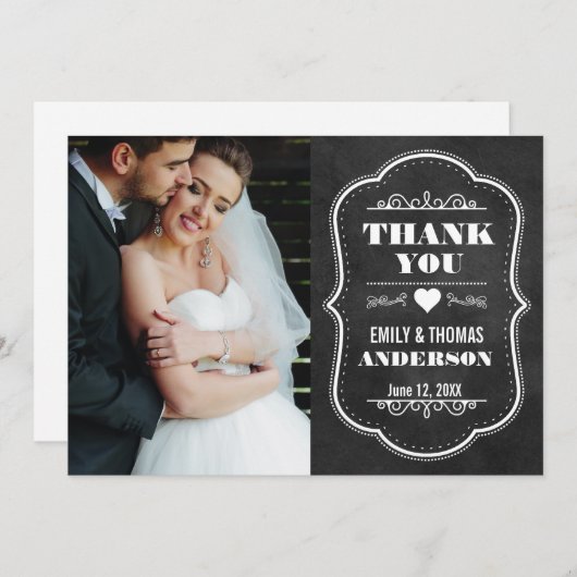 結婚はモダンな黒板の写真カードBW感謝していしています サンキューカード (正面/裏面)