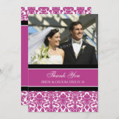 結婚は写真カードショッキングピンクのダマスク織感謝していしています サンキューカード (正面/裏面)