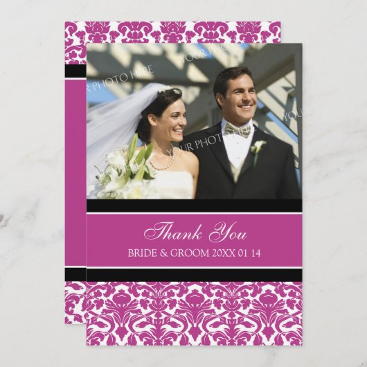 結婚は写真カードショッキングピンクのダマスク織感謝していしています サンキューカード (正面/裏面)