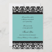 結婚は写真カードティール（緑がかった色）のダマスク織感謝していしています サンキューカード (裏面)