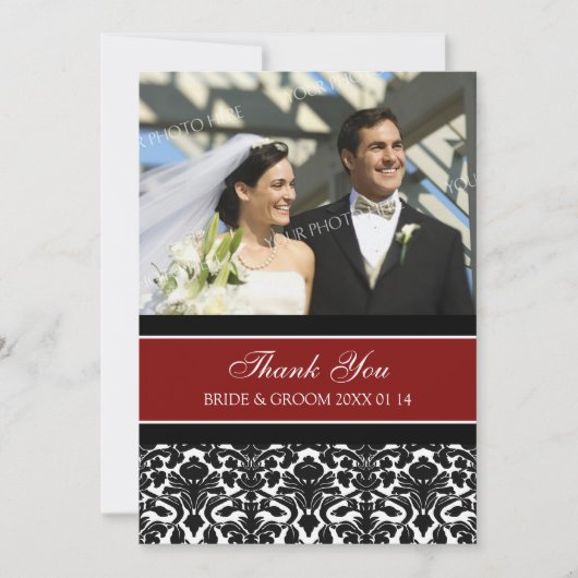 結婚は写真カード赤のダマスク織感謝していしています サンキューカード (正面)