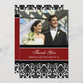 結婚は写真カード赤のダマスク織感謝していしています サンキューカード (正面/裏面)