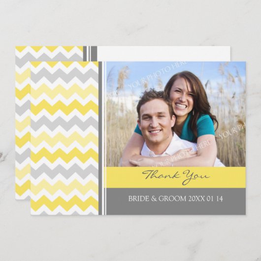 結婚は写真カード黄色の灰色シェブロン感謝していしています サンキューカード (正面/裏面)