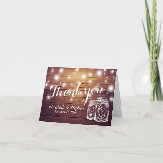 結婚は素朴な木製のメーソンジャーライト感謝していしています サンキューカード (正面)