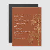 結婚イチョウの葉テラコッタ茶色の金ゴールド マグネット招待状 (正面/裏面)