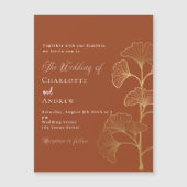 結婚イチョウの葉テラコッタ茶色の金ゴールド マグネット招待状 (正面)