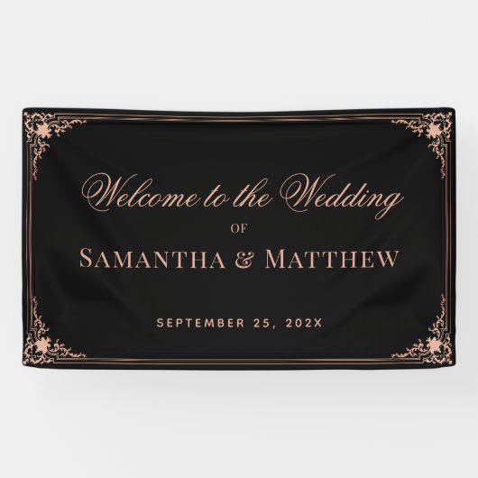 結婚ウェルカムブラックピンクエレガントヴィンテージ華美 横断幕 (横)