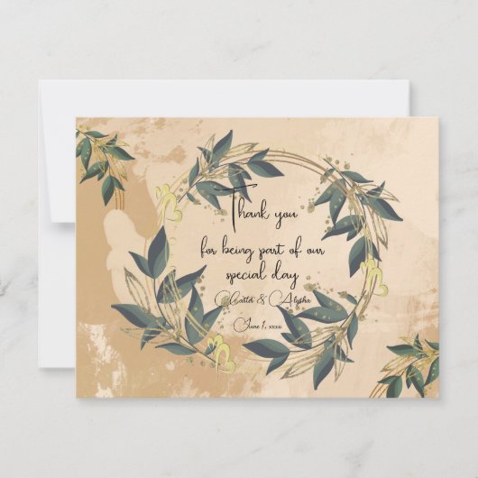 結婚オリーブリースパーソナライズされた サンキューカード (正面)