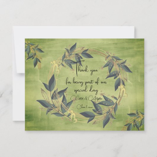 結婚オリーブリースパーソナライズされた サンキューカード (正面)