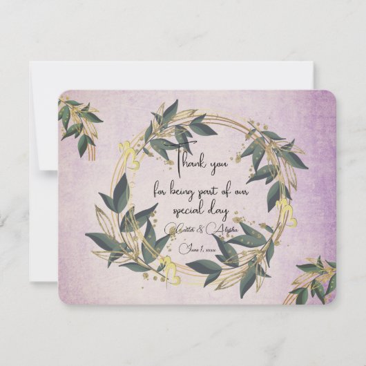 結婚オリーブリースパーソナライズされた サンキューカード (正面)