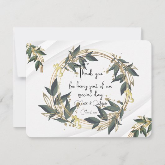 結婚オリーブリースパーソナライズされた サンキューカード (正面)