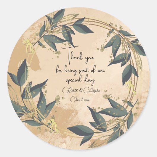 結婚オリーブリースパーソナライズされた ラウンドシール (正面)