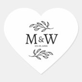 結婚カップルのイニシャルと日付の植物ハート ハートシール (正面)