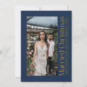 結婚クリスマス 写真 新婚 ネイビーブルー ゴールド シーズンカード (正面)