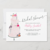 結婚ケーキピンクフローラ水彩ブライダルシャワー 招待状 (正面)