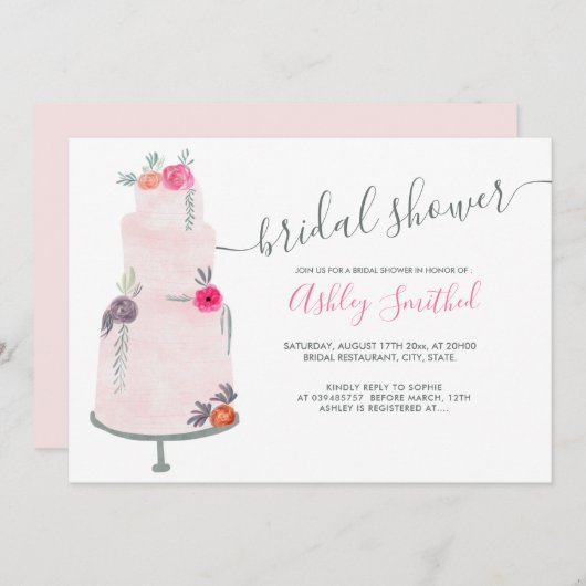 結婚ケーキピンクフローラ水彩ブライダルシャワー 招待状 (正面/裏面)