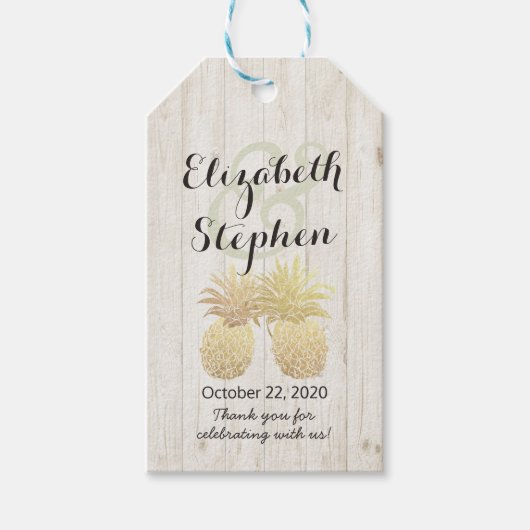 結婚サンキューギフト金ゴールドパイナップルカップル木材 ギフトタグ (正面)