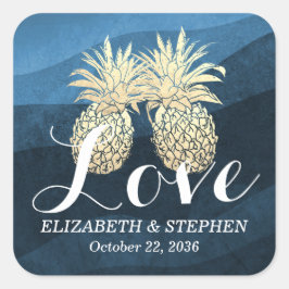 結婚サンキューシックブルー金ゴールドパイナップルカップル スクエアシール