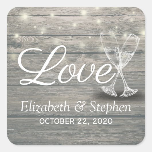 結婚サンキューシャンパングラスウッドライト スクエアシール (正面)
