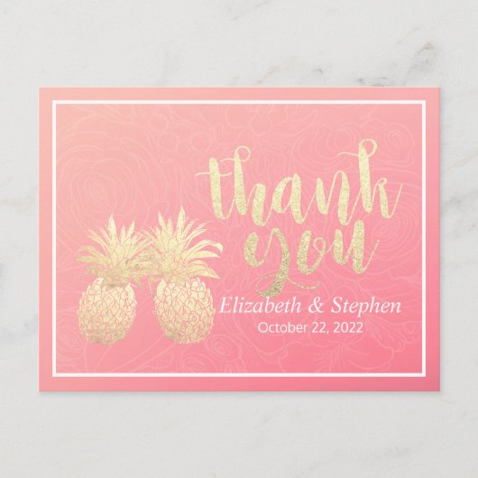 結婚サンキューパイナップルカップルのピンクのバラ ポストカード (正面)