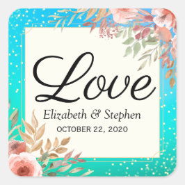 結婚サンキューピモダンンクフローラティール（緑がかった色）金ゴールドドット スクエアシール