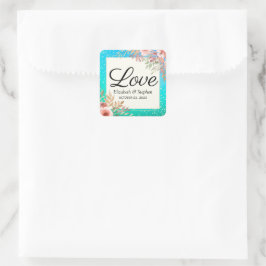 結婚サンキューピモダンンクフローラティール（緑がかった色）金ゴールドドット スクエアシール