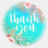 結婚サンキューピモダンンクフローラティール（緑がかった色）金ゴールドドット ラウンドシール (正面)