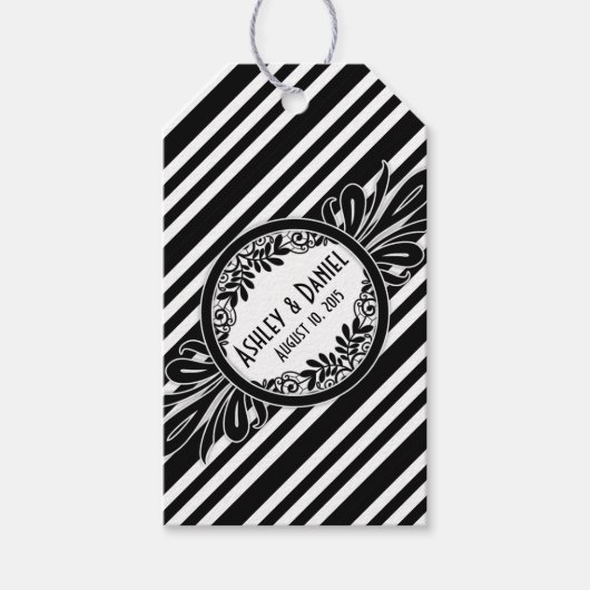 結婚サンキュー白黒ストライプフローラ ギフトタグ (正面)