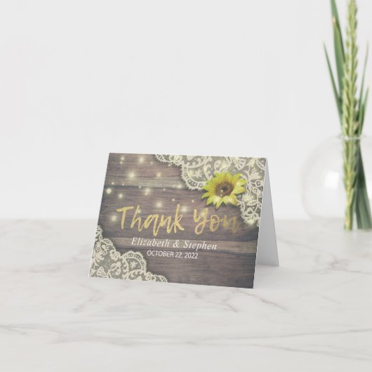 結婚サンフラワーの木の光をレース素朴サンフラワー サンキューカード (正面)