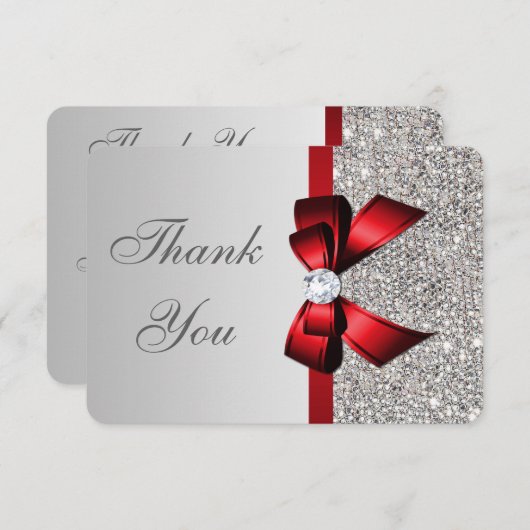 結婚シルバフェイクーシークンズレッドボウありがとう サンキューカード (正面/裏面)