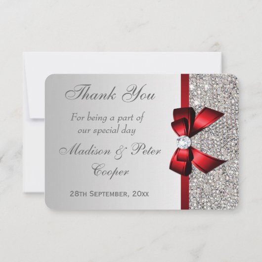 結婚シルバフェイクーシークンズレッドボウありがとう サンキューカード (裏面)