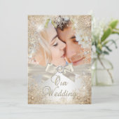 結婚シルバーベージュクリームパールスノーフレーク写真 招待状 (スタンド正面)