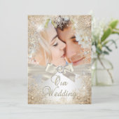 結婚シルバーベージュクリームパールスノーフレーク写真 招待状 (スタンド正面)
