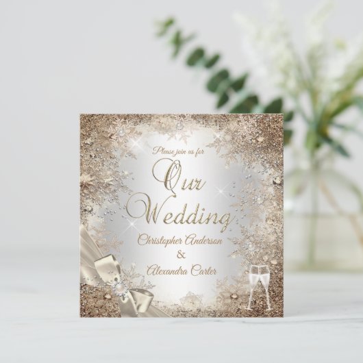 結婚シルバーベージュクリームパールボウスノーフレーク2 招待状 (スタンド正面)