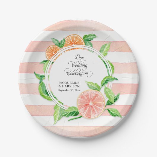 結婚ズお祝いピンクストライプのシトラスオレンジアート ペーパープレート (正面)