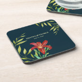結婚ズオレンジリリーイラストレーションダークターコイズ コースター (左側)