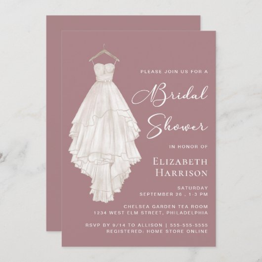 結婚ズガウン水カラーほこりっぽいバラブライダルシャワー 招待状 (正面/裏面)