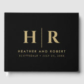 結婚ズクラシックモノグラムシンプル金ゴールドミニマルブラック ゲストブック (正面)