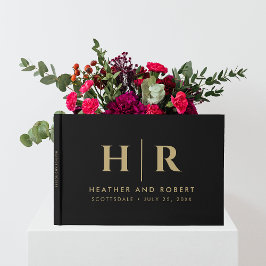 結婚ズクラシックモノグラムシンプル金ゴールドミニマルブラック ゲストブック