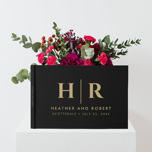 結婚ズクラシックモノグラムシンプル金ゴールドミニマルブラック ゲストブック