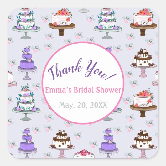 結婚ズケーキイラストレーションサンキューブライダルシャワー スクエアシール (正面)