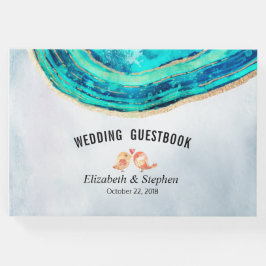 結婚ズゲストブックウォーターカラーティール（緑がかった色）金ゴールドアゲートゲード ゲストブック