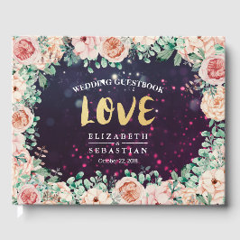 結婚ズゲストブックシックフローラパープルスパークルライト ゲストブック