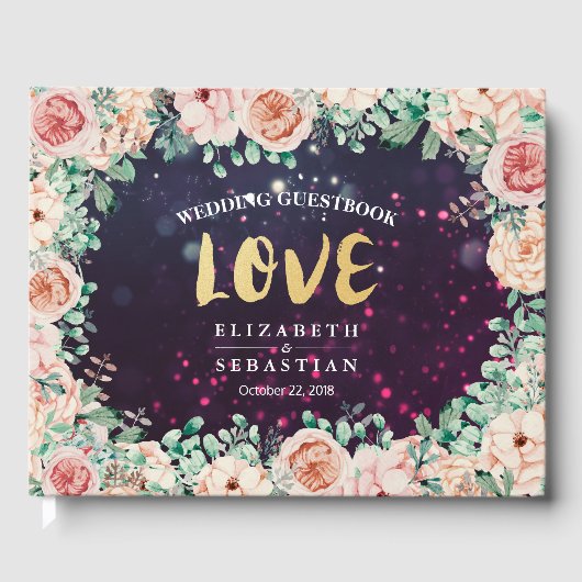 結婚ズゲストブックシックフローラパープルスパークルライト ゲストブック (正面)
